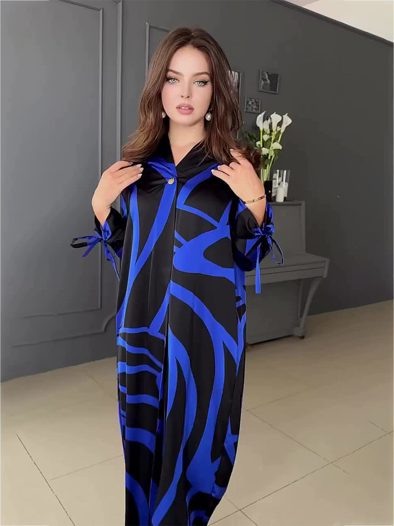 Printed Long Sleeve Muslim Dress Women Long V-neck Dress with Small Slit Party Dresses Evening Islam Dubai Abaya Arab - detail 6