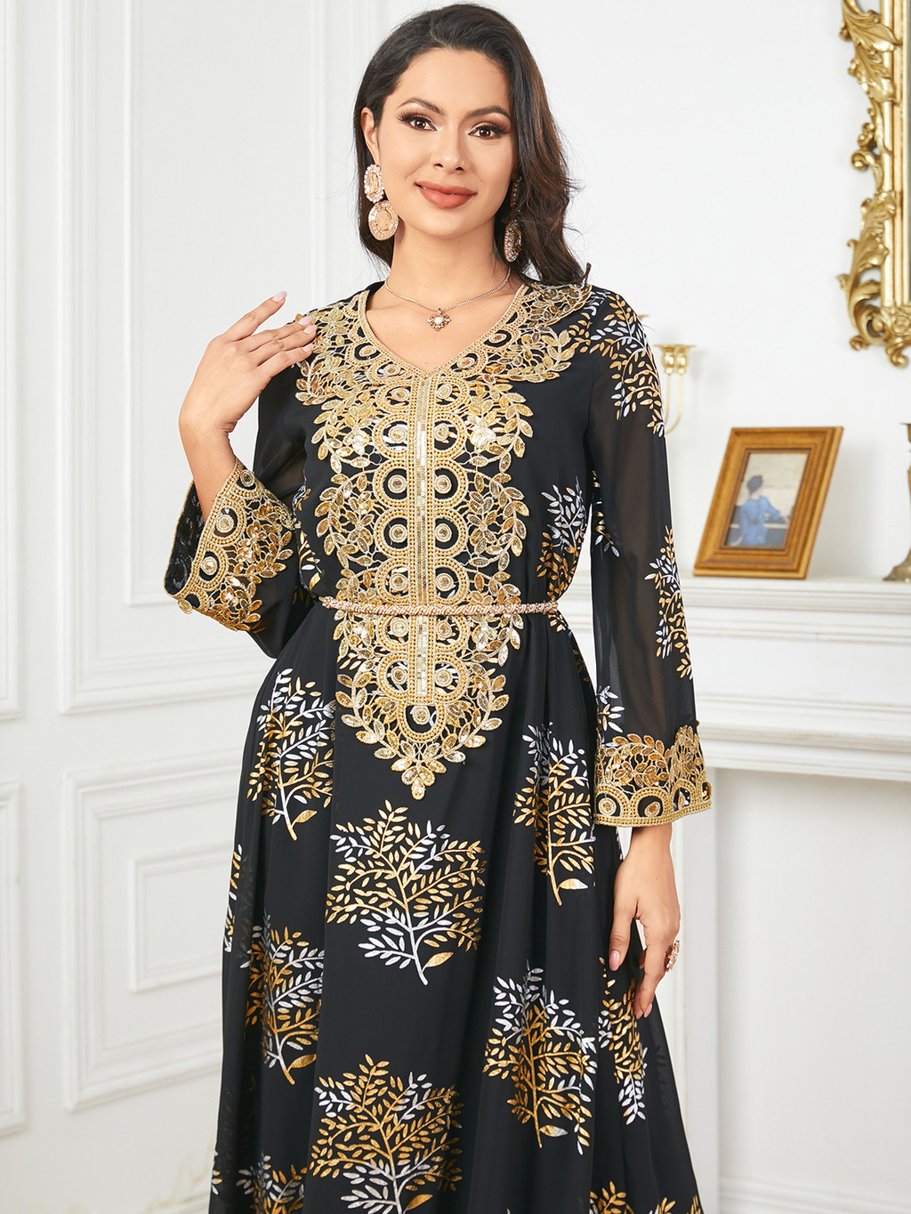 Summer Middle East Arab New Floral Gold Plated Women Dresses Party Dresses Malayu Kaftan with Customized Belt - detail 4