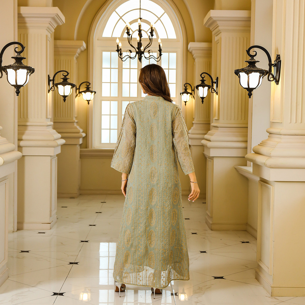Fashion Sequin Gold Stamping Abaya V-Neck Long Sleeve Loose Dress Malay Islamic Arab Elegant Casual Clothin - detail 10
