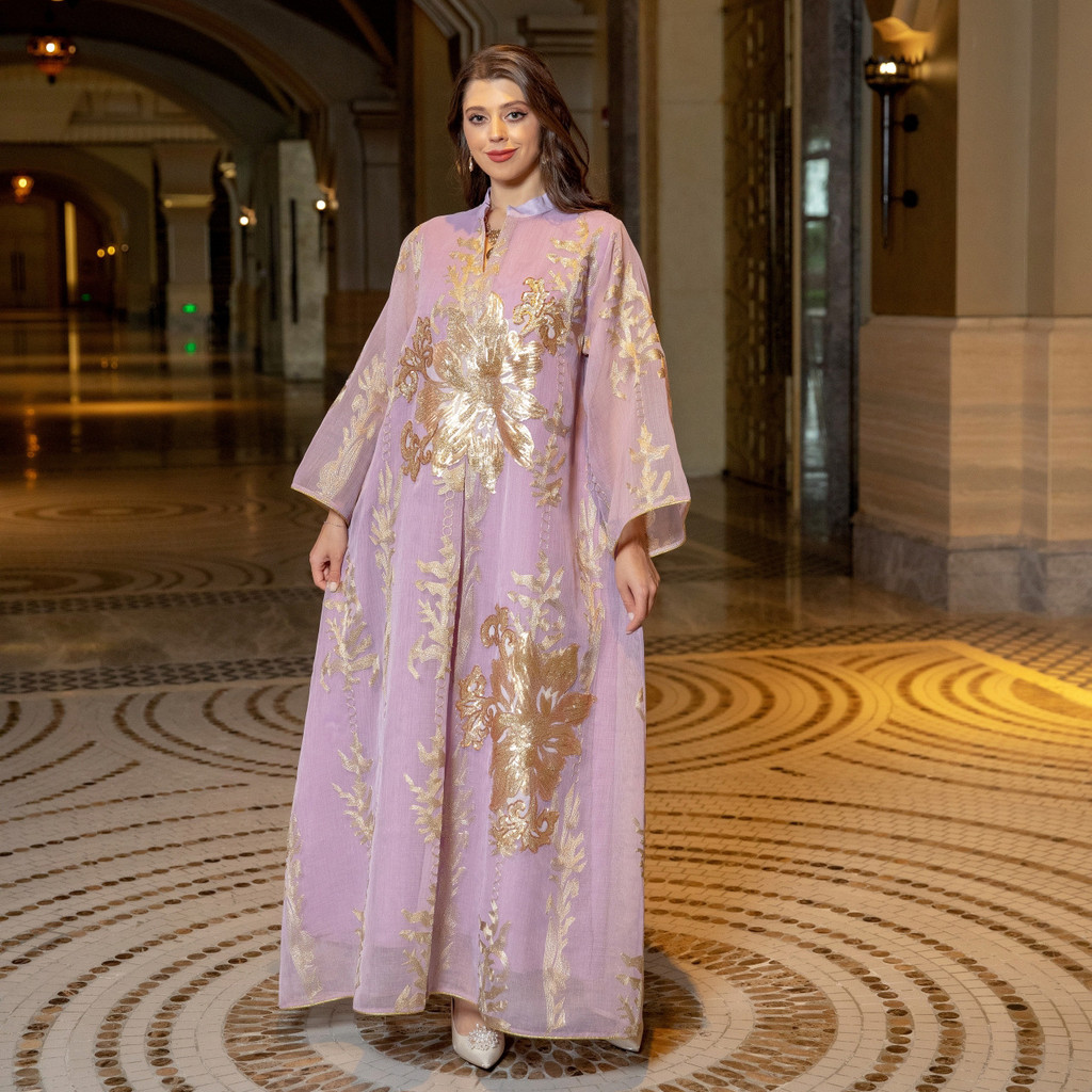 Sequins Embroidered Abaya Dress For Women Kaftan Arabic White Islamic Ethnic Robe Raya New - detail 5