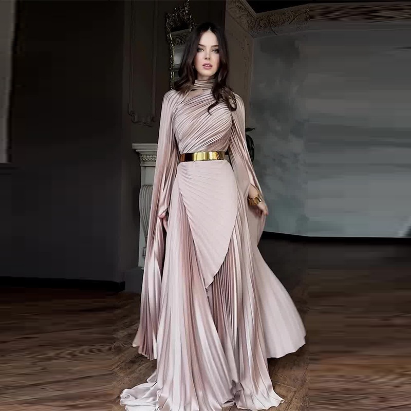 Arabia Elegant Wrinkled Satin Abaya Glow Modesty Athena Pleated Evening Dress Bell Sleeves Party Dress Exclusive