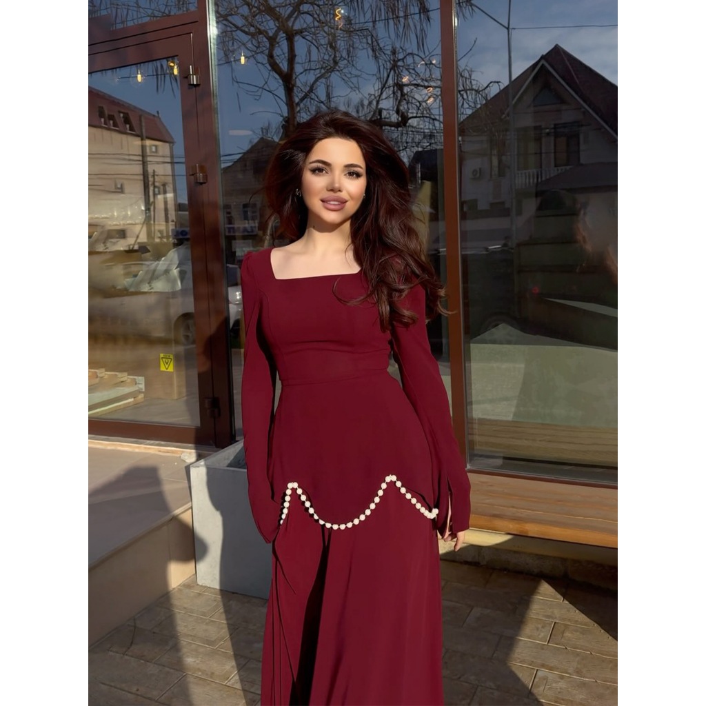 Light Luxury Women's Dress Spring New Item Handmade Diamond Inlaid Ribbon Design Long Sleeved Lady Slim Fit Dress