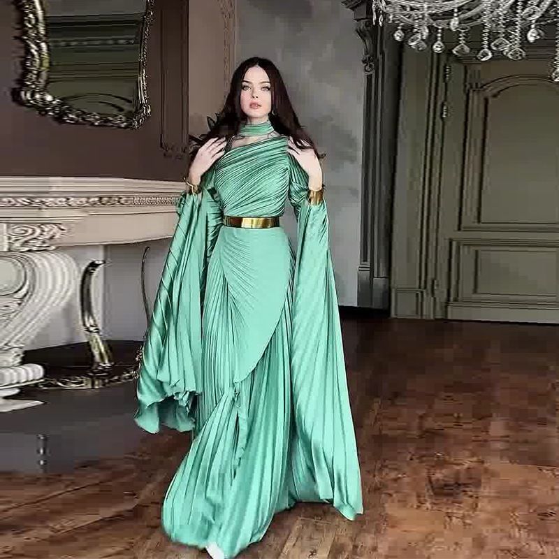 Arabia Elegant Wrinkled Satin Abaya Glow Modesty Athena Pleated Evening Dress Bell Sleeves Party Dress Exclusive