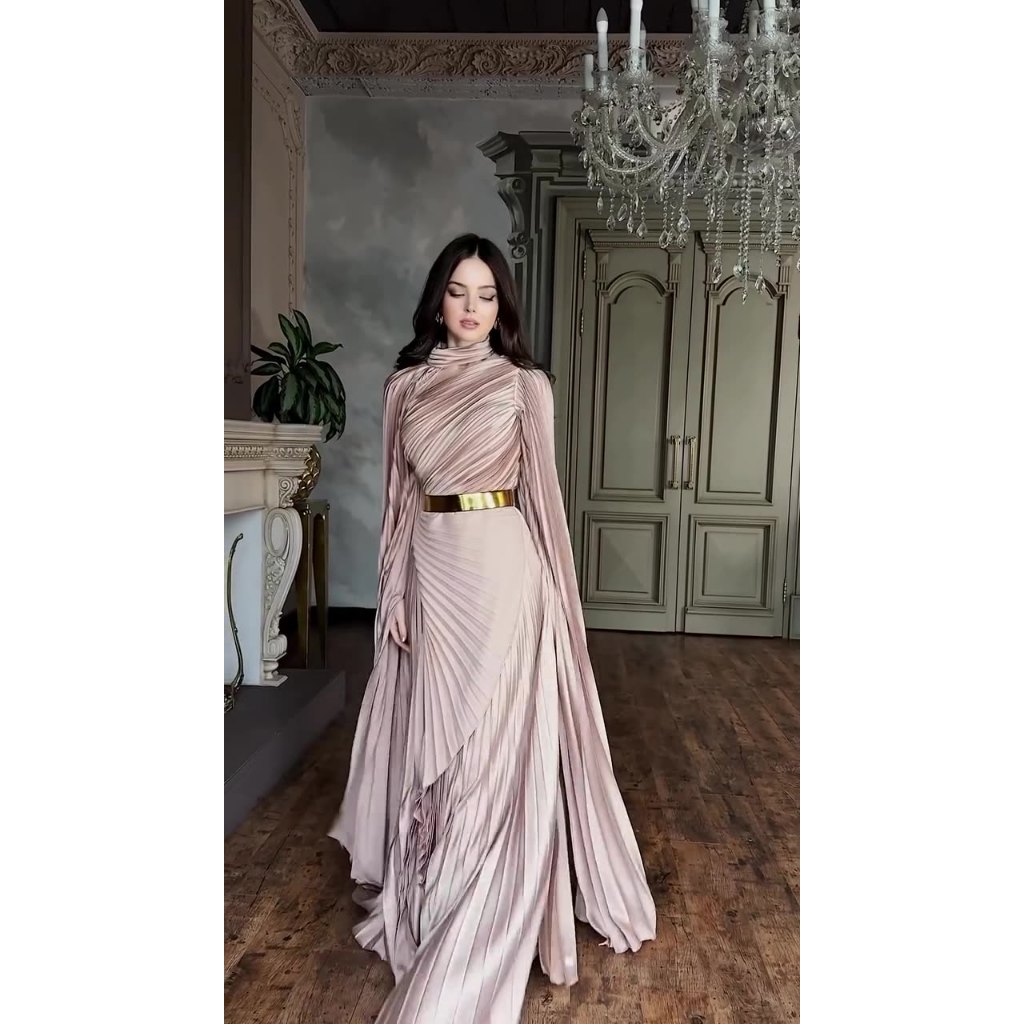 Arabia Elegant Wrinkled Satin Abaya Glow Modesty Athena Pleated Evening Dress Bell Sleeves Party Dress Exclusive
