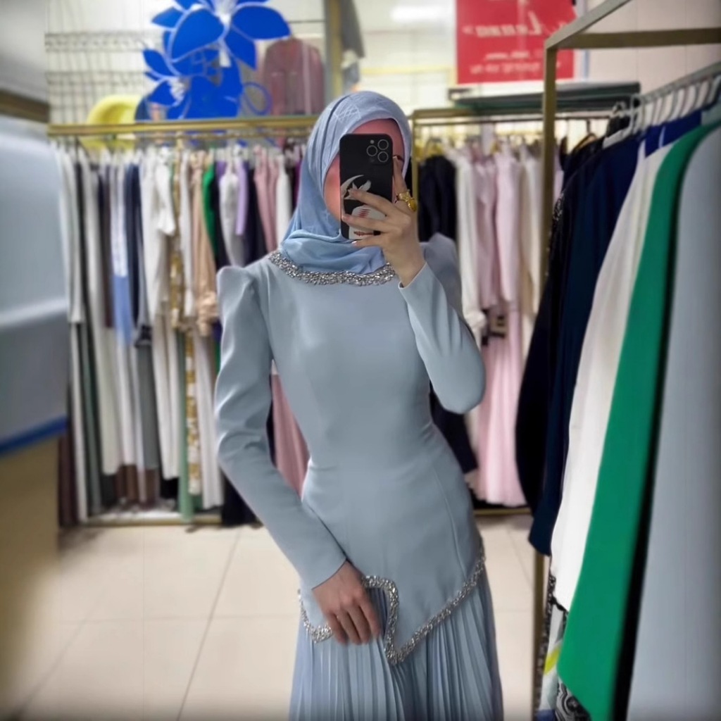 2 Piece Abaya Pleated Dress Women Dubai Dresses Sequins Lace Up Islam Long Robe Jalabiya Kaftan Eid Muslimah Ramadan