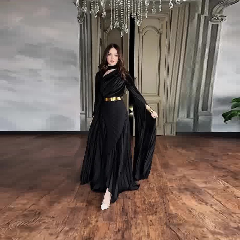 Arabia Elegant Wrinkled Satin Abaya Glow Modesty Athena Pleated Evening Dress Bell Sleeves Party Dress Exclusive