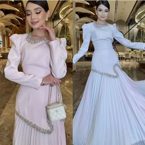 2 Piece Abaya Pleated Dress Women Dubai Dresses Sequins Lace Up Islam Long Robe Jalabiya Kaftan Eid Muslimah Ramadan