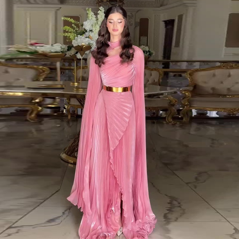 Arabia Elegant Wrinkled Satin Abaya Glow Modesty Athena Pleated Evening Dress Bell Sleeves Party Dress Exclusive