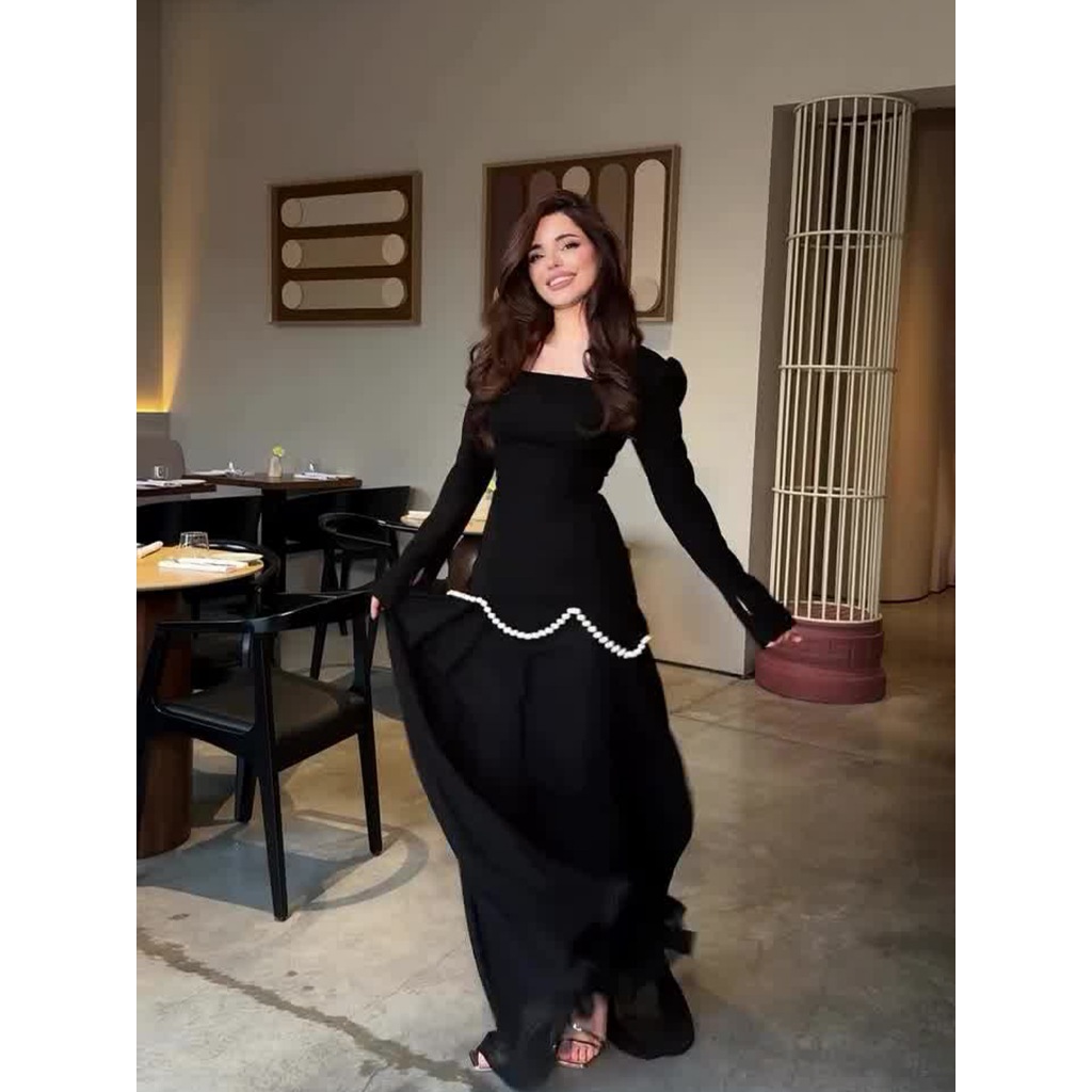 Light Luxury Women's Dress Spring New Item Handmade Diamond Inlaid Ribbon Design Long Sleeved Lady Slim Fit Dress