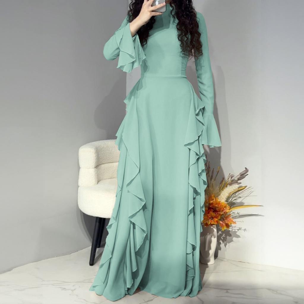 Elegant Midi Women's Dress Elegant Casual High Waisted Solid Color Design Flared Sleeves Dress