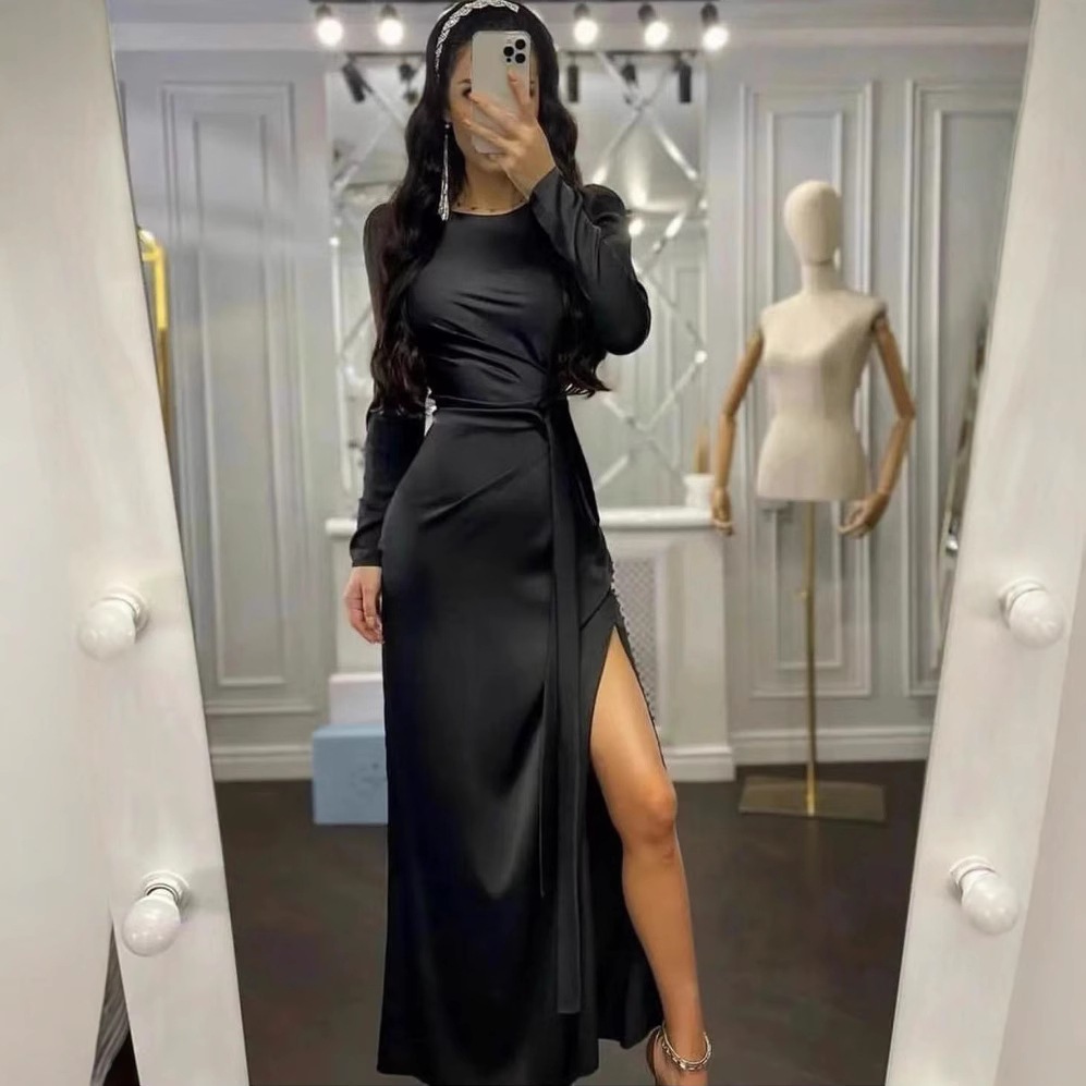 Women Sexy High Slit Satin Party Dress Office Fashion Boadycon Long Dresses Elegant O Neck Long Sleeve Solid Maxi Dress