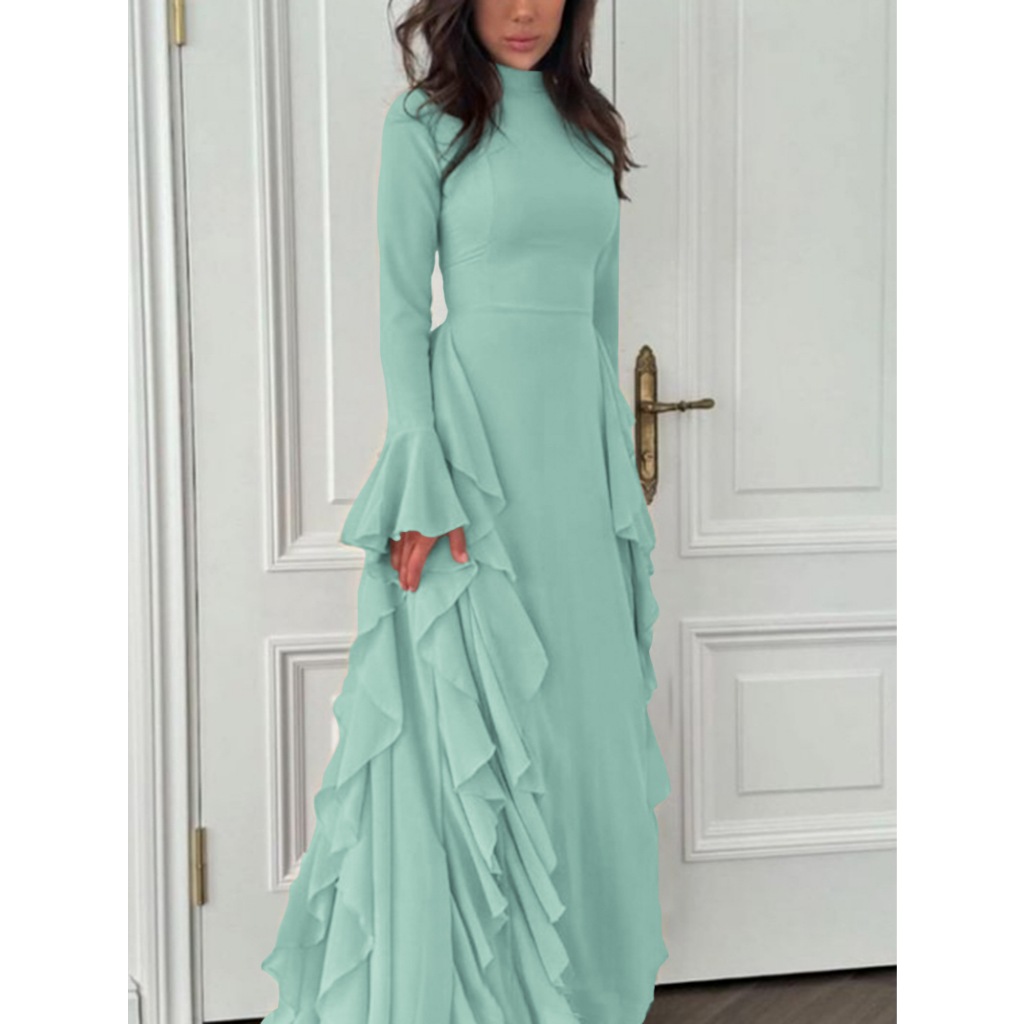 Elegant Midi Women's Dress Elegant Casual High Waisted Solid Color Design Flared Sleeves Dress