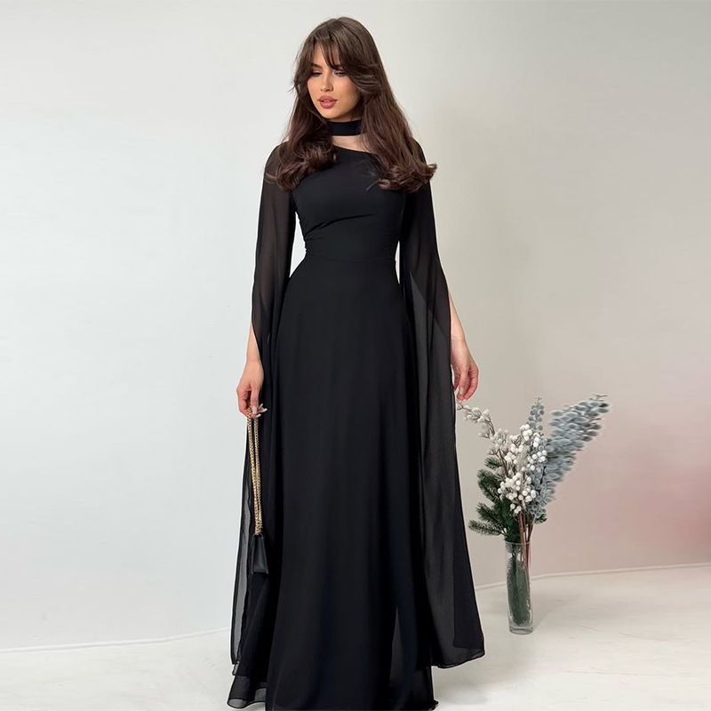 Spring Women's New Elegant Solid Color Waist Cinching Chiffon Big Batball Sleeve Dress Party Dinner Waist Cinching Dress