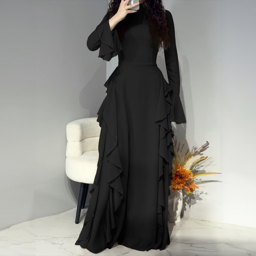 Elegant Midi Women's Dress Elegant Casual High Waisted Solid Color Design Flared Sleeves Dress