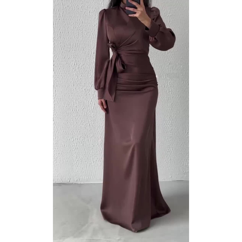 Dress Women Autumn Fashion Solid Color Satin Dress Women High Neck Long Sleeve High Waist Tie Up Elegant Slim Maxi Dress