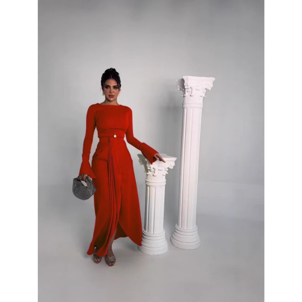 Casual Solid Prom Dress Elegant O Neck High Waist Pleated Commuter Dress New Autumn Fashion Flared Sleeve Split