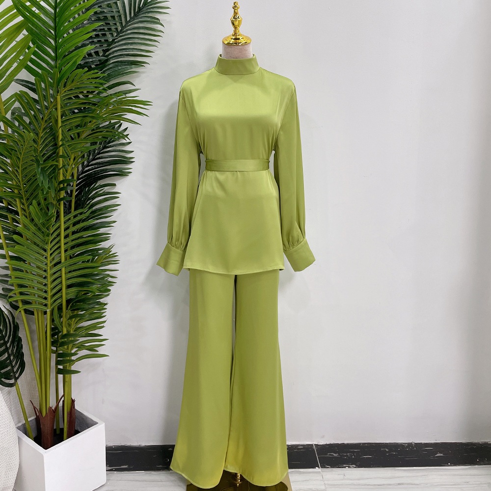 2 Piece Set Abayas Women Plain Satin Islamic Clothing Belted Tops+Long Pants Sets Muslim Dress Dubai Outfits