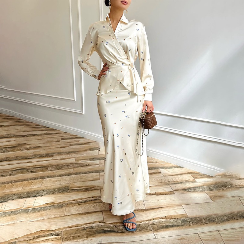 2 Piece Sets Elegant Muslimah Women V-neck Long Sleeved Top and Skirt Fashion Floral Print Slim Fit Suit Party Outfits