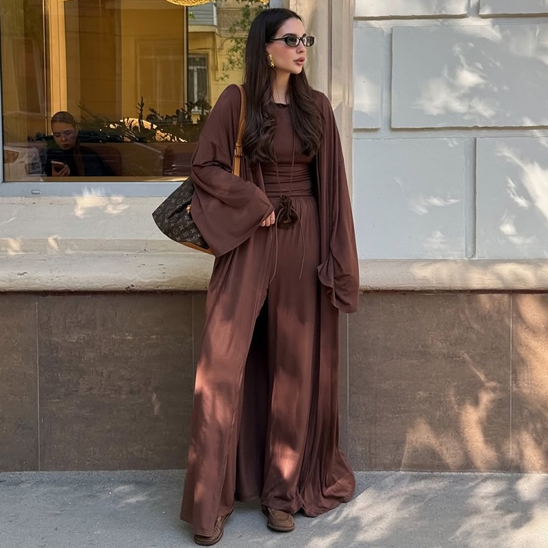 High Waist Wide Leg Pants Solid Color Long Sleeve Floor-Length Robe Round Neck Ladies' 3-Piece Set