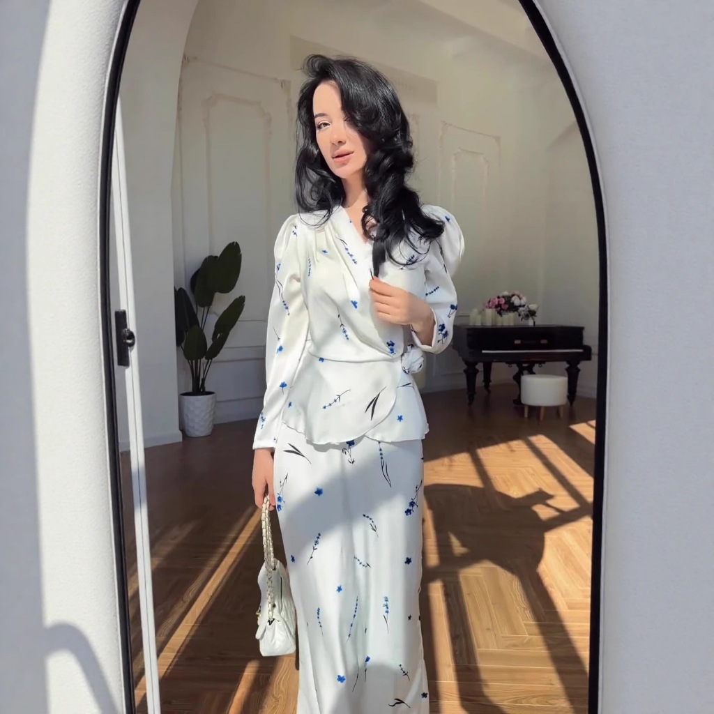 2 Piece Sets for Women Print Elegant Satin Long Sleeve Top & Long Skirt Suits New Style