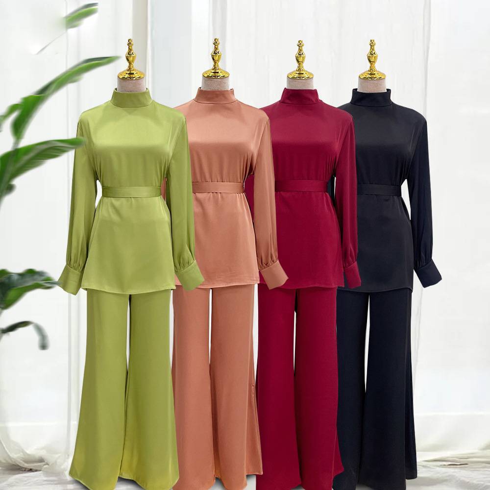 2 Piece Set Abayas Women Plain Satin Islamic Clothing Belted Tops+Long Pants Sets Muslim Dress Dubai Outfits