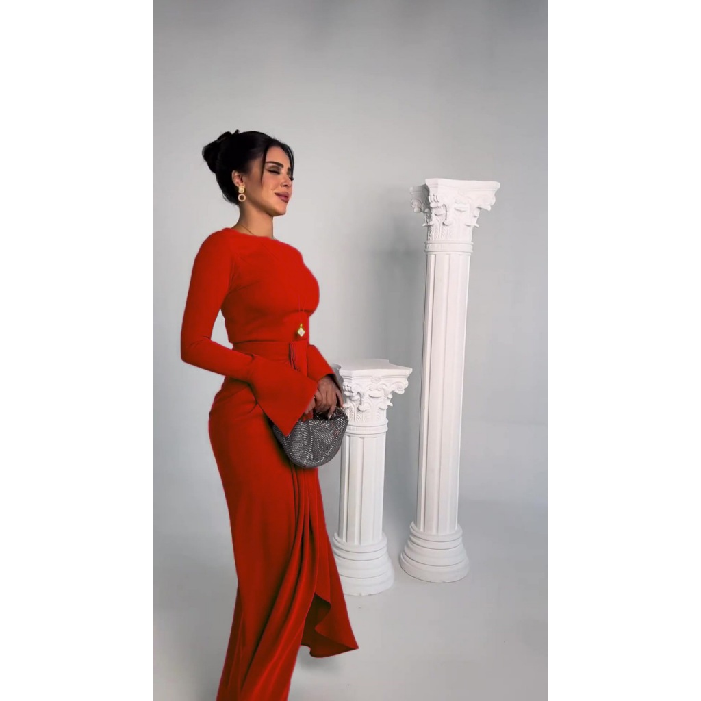 Casual Solid Prom Dress Elegant O Neck High Waist Pleated Commuter Dress New Autumn Fashion Flared Sleeve Split