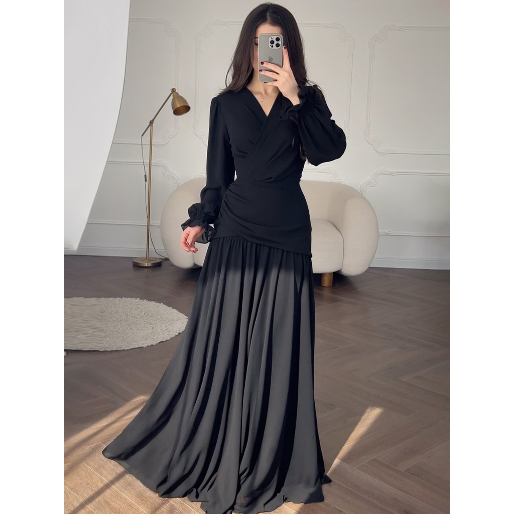 Black Chiffon Women's Dress Empire Waist Ankle-Length Square Collar Puffy Sleeve New Design