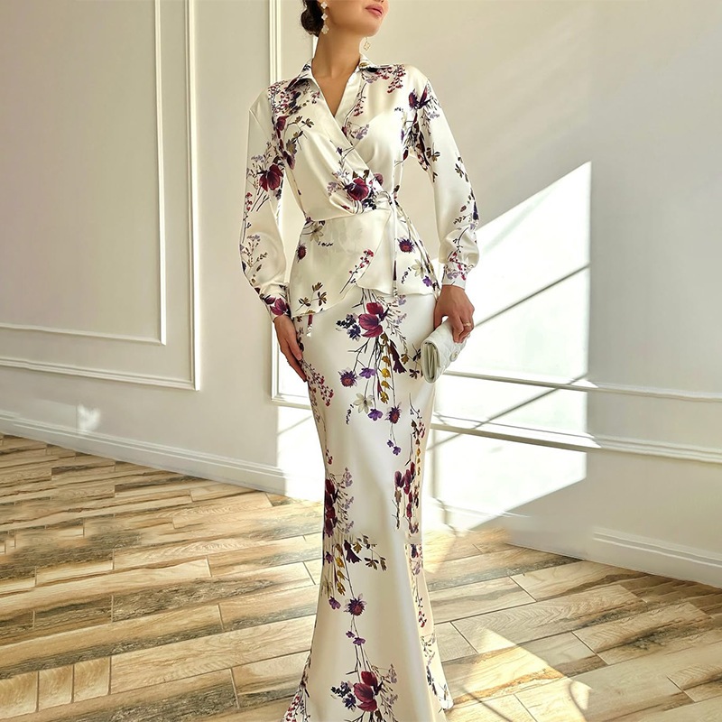 2 Piece Sets Elegant Muslimah Women V-neck Long Sleeved Top and Skirt Fashion Floral Print Slim Fit Suit Party Outfits