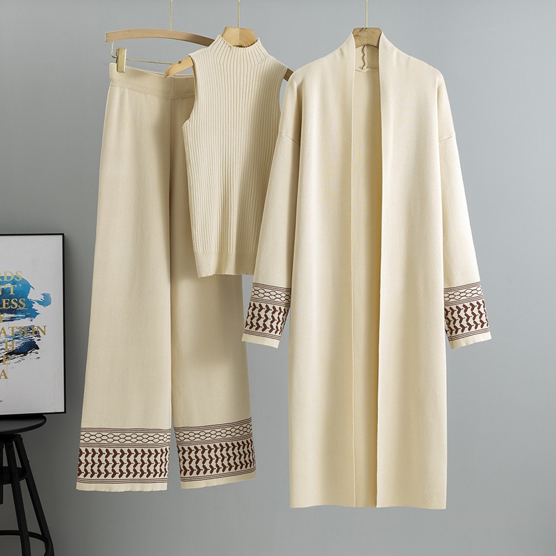 Casual Knitted Three-piece Sets Temperament Casual Cardigan Sweater Vest Wide Leg Pants Sets For Women Spring