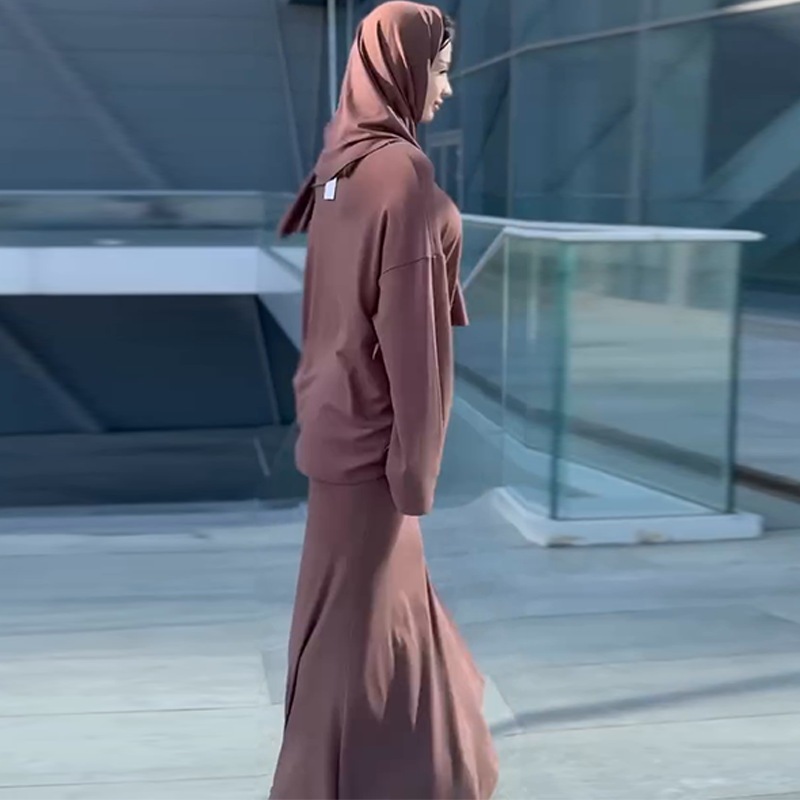 New Muslim women's loose casual long-sleeved solid color skirt three-piece suit