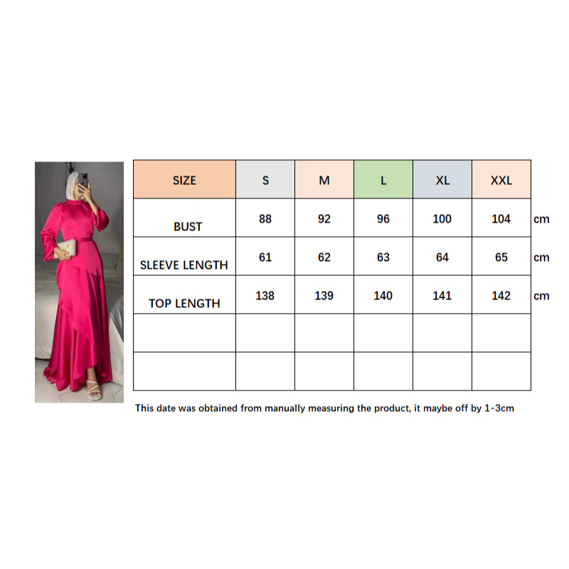 New Fashion Muslim Women's Satin Solid Color Gown with Lace Hem And Belt Large Swing Fashionable Elegant Dress