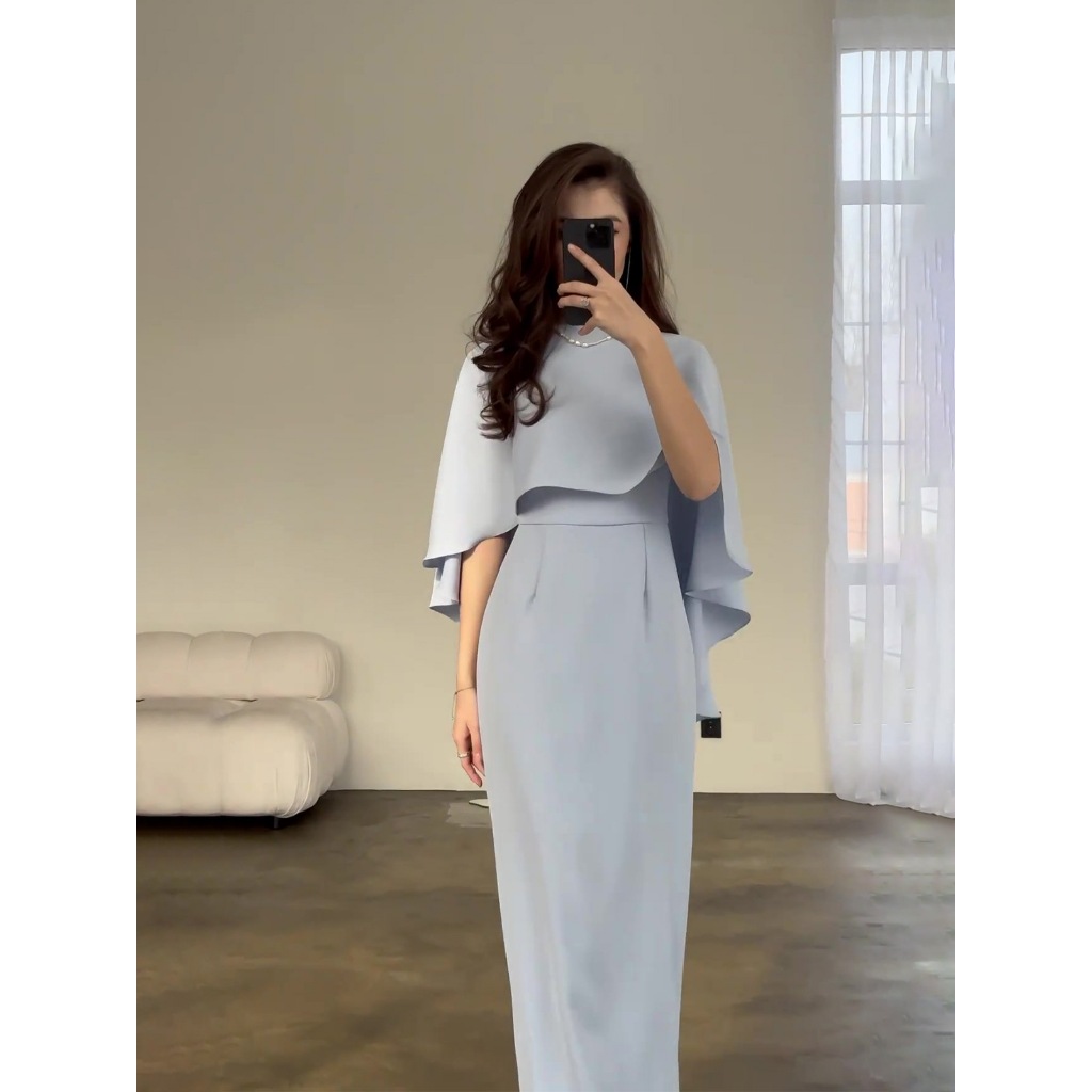 Dress Women Long Dresses Solid Color Slim Fit Tight Waist Round Collar Shawl Splice Elegant Female Vestidos