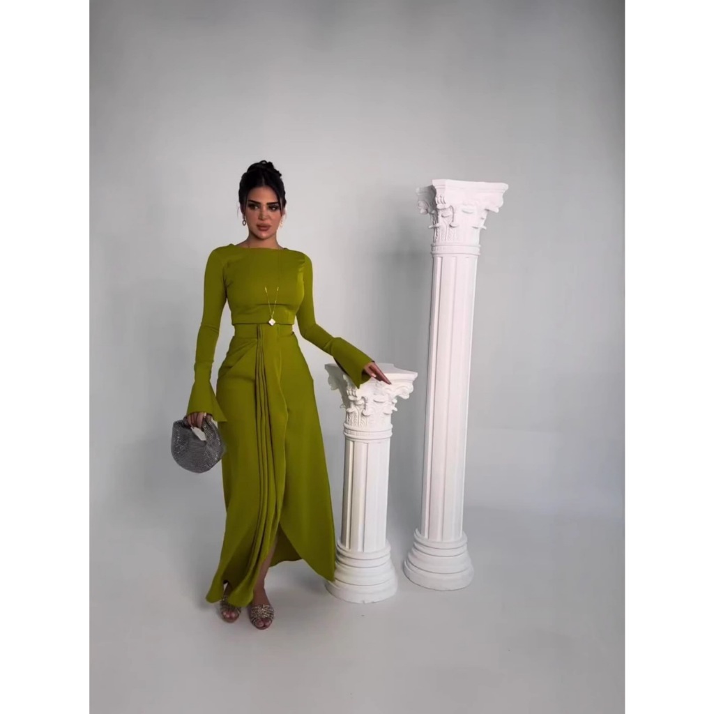 Casual Solid Prom Dress Elegant O Neck High Waist Pleated Commuter Dress New Autumn Fashion Flared Sleeve Split