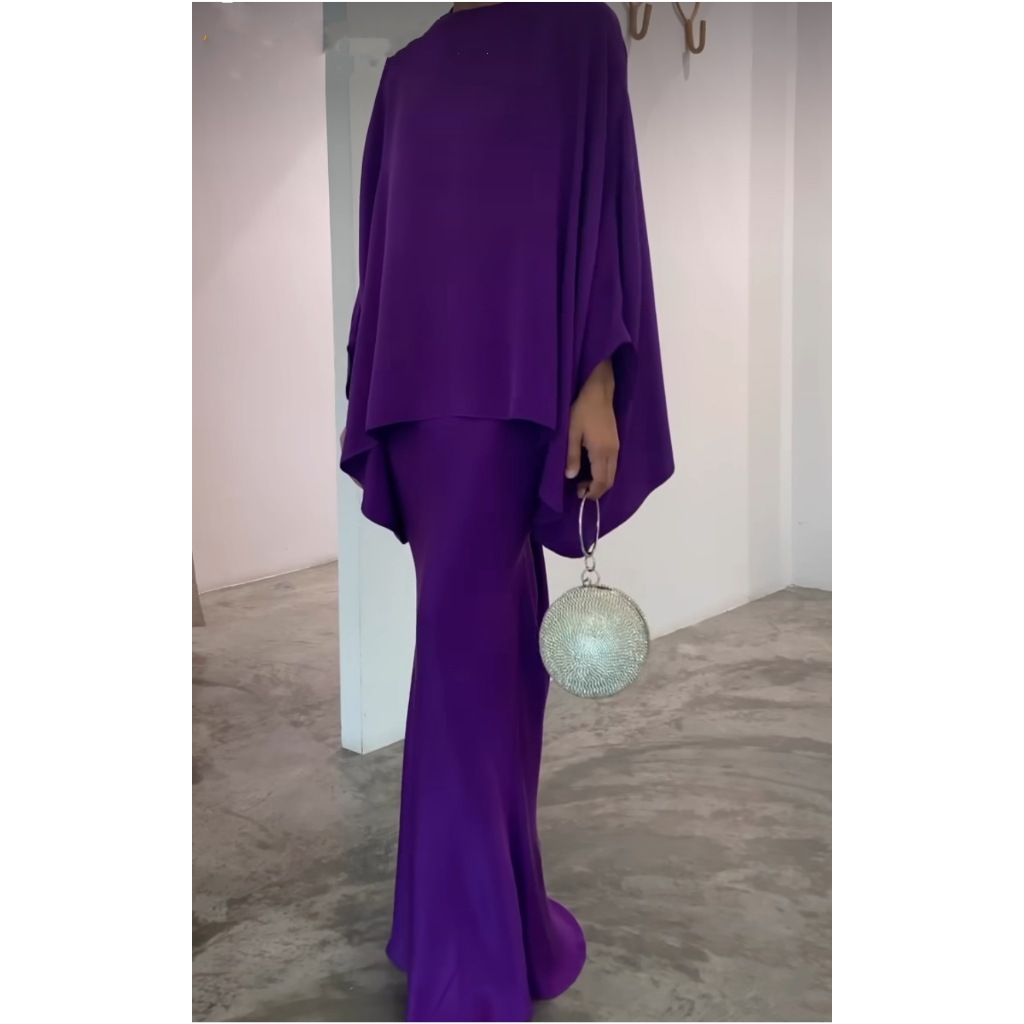 Elegant 2pcs Dress Women Muslim Abaya 2 Piece Sets Bat Sleeve Skirts Suits Pearl Dresses Vestido Eid Hijab Islam Clothin