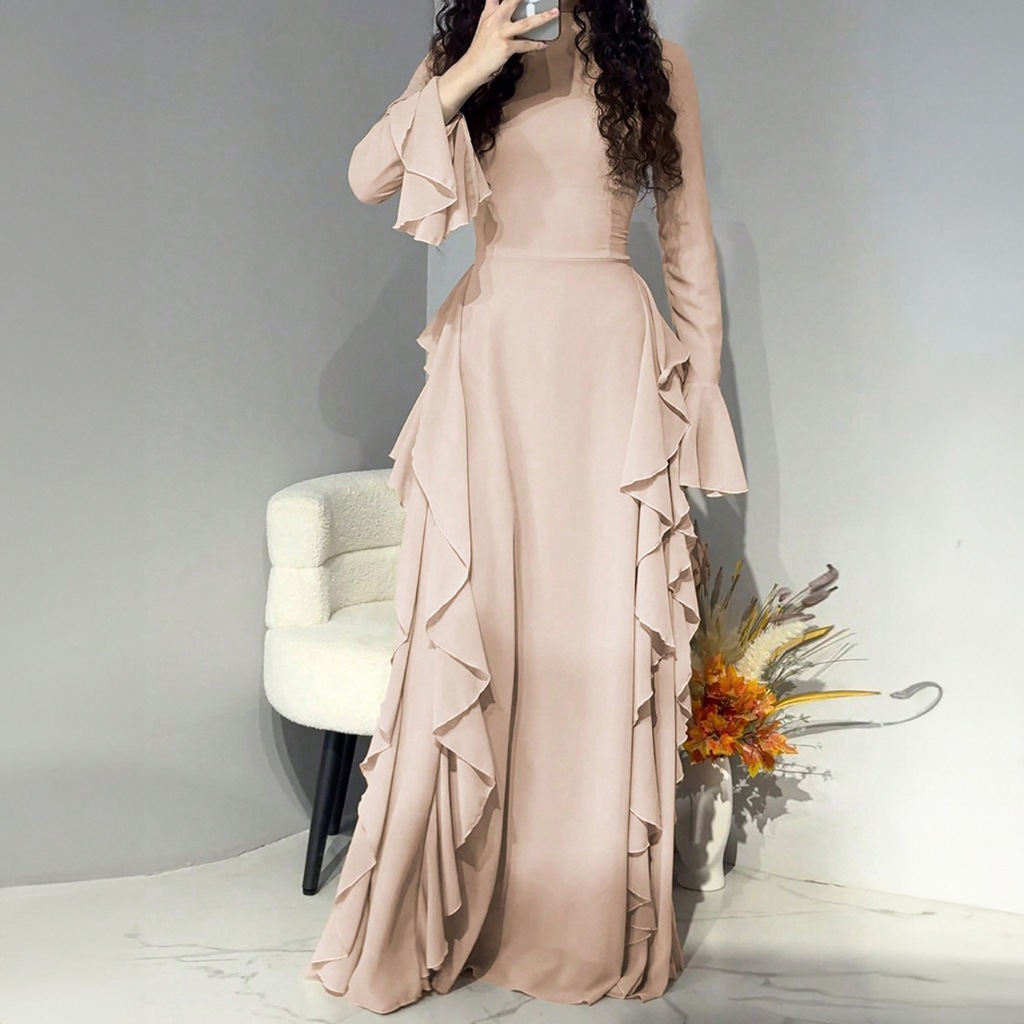 Elegant Midi Women's Dress Elegant Casual High Waisted Solid Color Design Flared Sleeves Dress