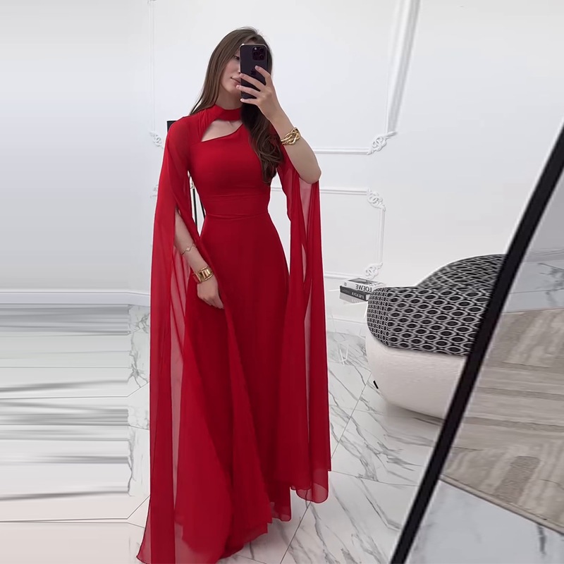 Spring Women's New Elegant Solid Color Waist Cinching Chiffon Big Batball Sleeve Dress Party Dinner Waist Cinching Dress