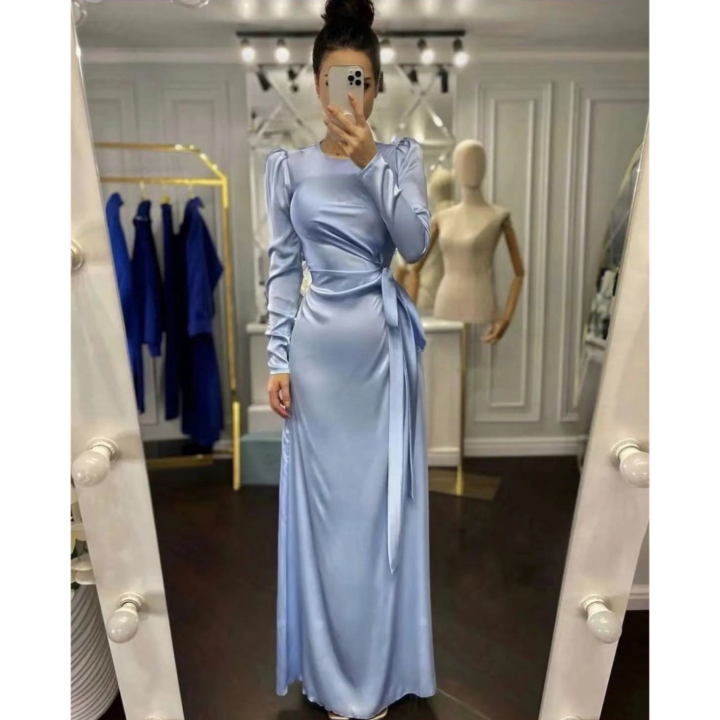 Women Sexy High Slit Satin Party Dress Office Fashion Boadycon Long Dresses Elegant O Neck Long Sleeve Solid Maxi Dress