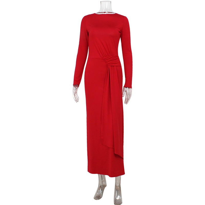 Fashion Women's Maxi Dresses Solid Blackless Sexy Sheath O-Neck Regular Long Sleeves Bodycon Female Party Vestidos Robes