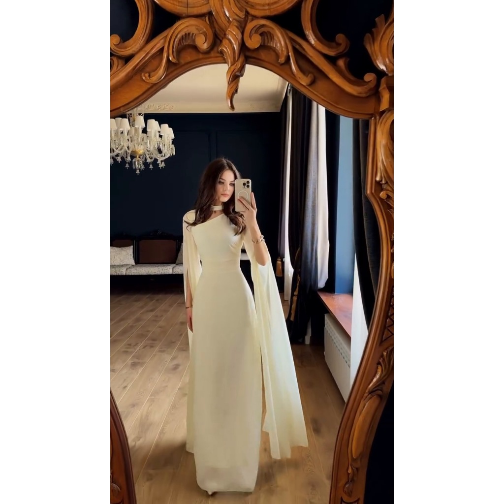 Spring Women's New Elegant Solid Color Waist Cinching Chiffon Big Batball Sleeve Dress Party Dinner Waist Cinching Dress