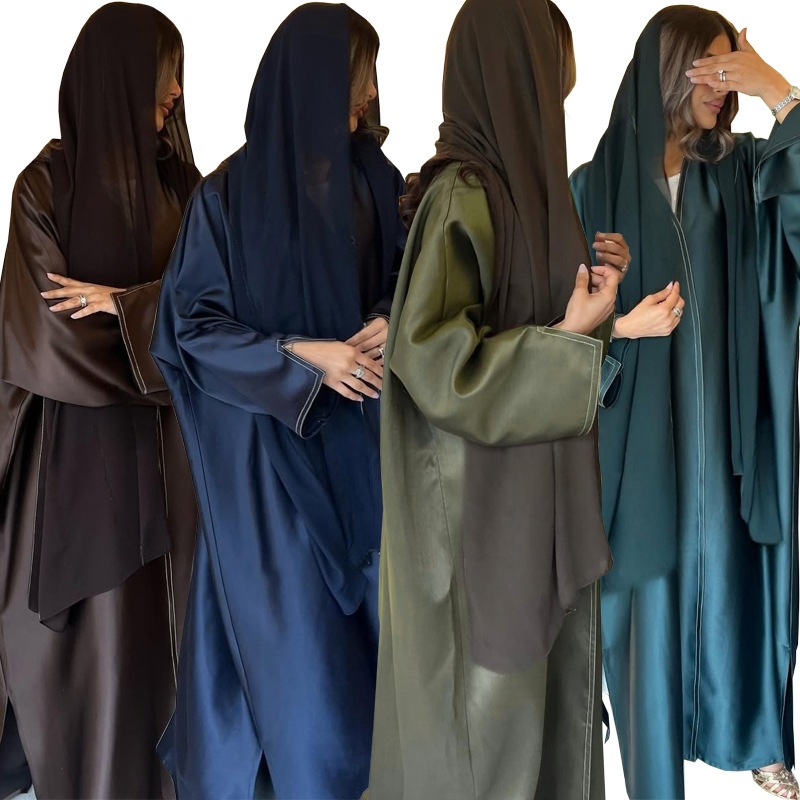 Luxury Elegant Eid Abaya Muslim Islamic Open Abaya Dubai Kaftan Maxi Robe Women Dress Satin Open Kimono