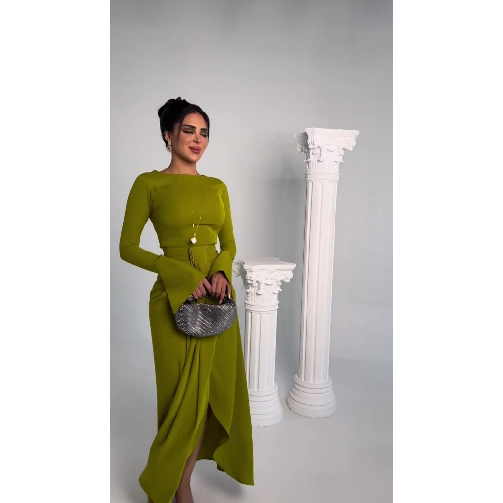Casual Solid Prom Dress Elegant O Neck High Waist Pleated Commuter Dress New Autumn Fashion Flared Sleeve Split