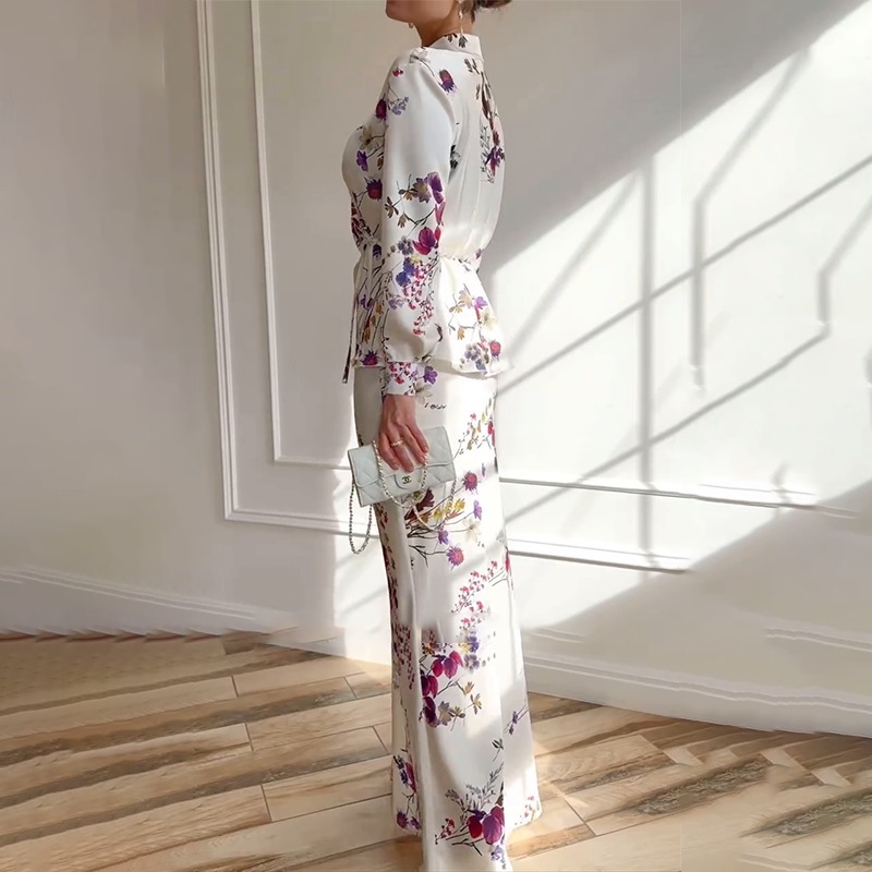 2 Piece Sets Elegant Muslimah Women V-neck Long Sleeved Top and Skirt Fashion Floral Print Slim Fit Suit Party Outfits