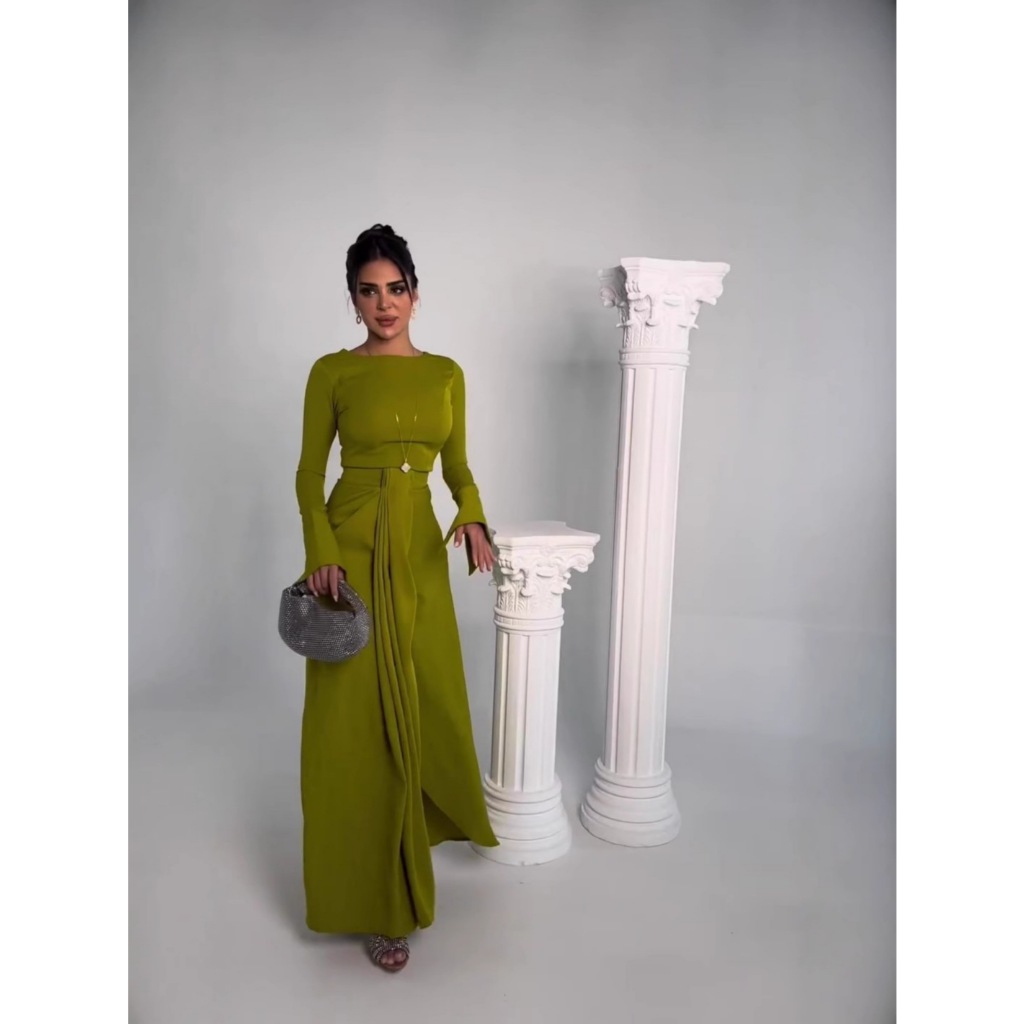 Casual Solid Prom Dress Elegant O Neck High Waist Pleated Commuter Dress New Autumn Fashion Flared Sleeve Split