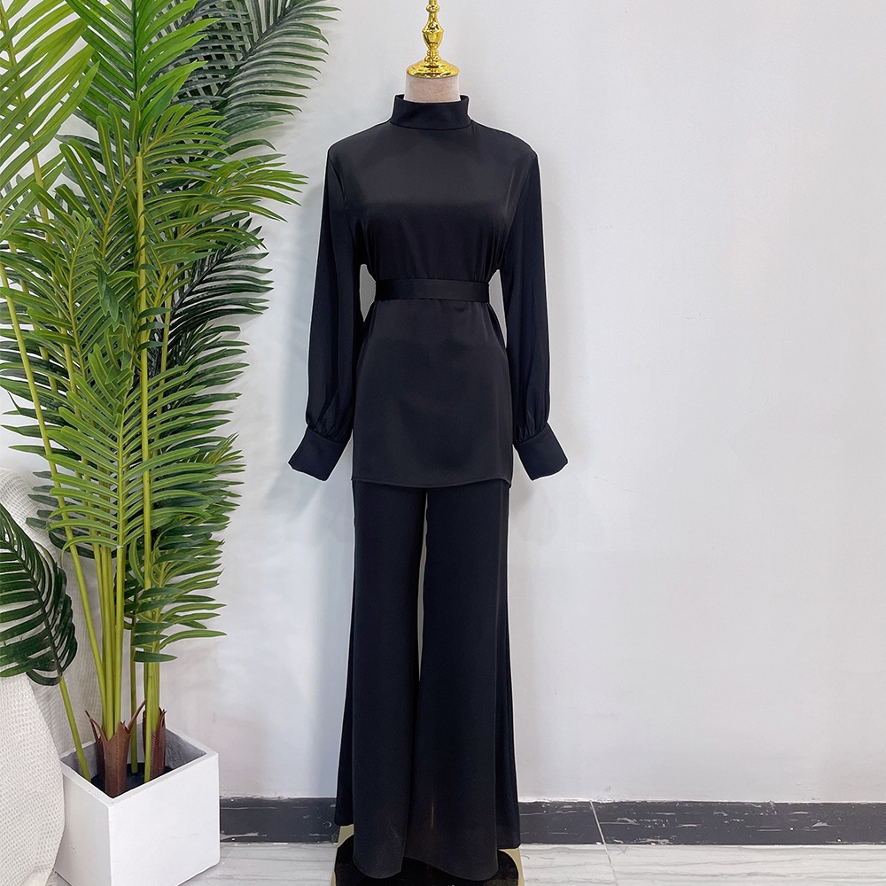 2 Piece Set Abayas Women Plain Satin Islamic Clothing Belted Tops+Long Pants Sets Muslim Dress Dubai Outfits