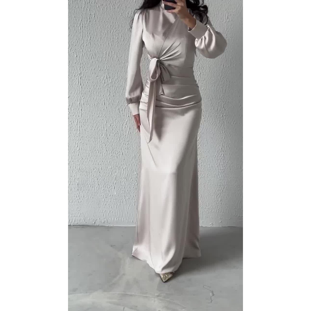 Dress Women Autumn Fashion Solid Color Satin Dress Women High Neck Long Sleeve High Waist Tie Up Elegant Slim Maxi Dress