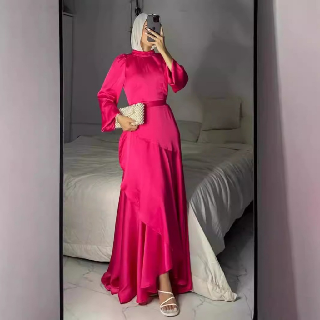 New Fashion Muslim Women's Satin Solid Color Gown with Lace Hem And Belt Large Swing Fashionable Elegant Dress