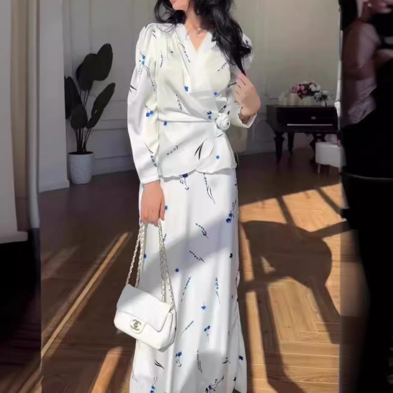 2 Piece Sets for Women Print Elegant Satin Long Sleeve Top & Long Skirt Suits New Style