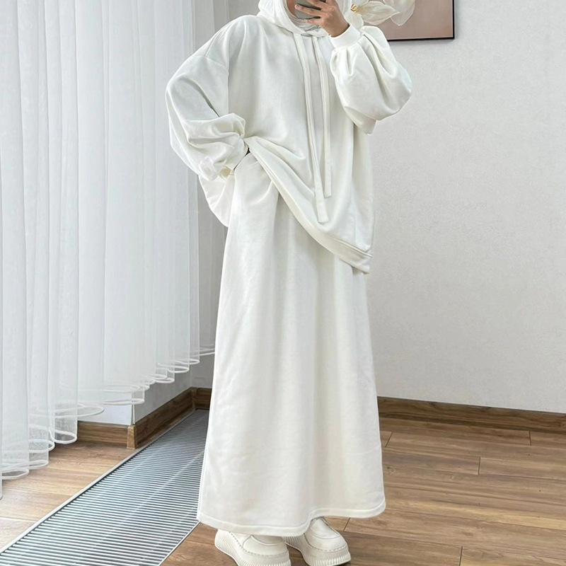 Arab Women's Set Two Pieces Suit Long Sleeve Hooded Tops Loose High Waist Skirt with Pocket Dubai Casual Clothing