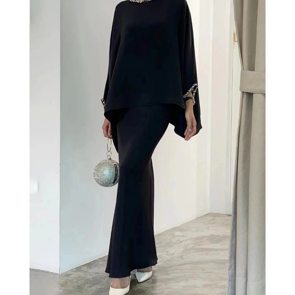 Elegant 2pcs Dress Women Muslim Abaya 2 Piece Sets Bat Sleeve Skirts Suits Pearl Dresses Vestido Eid Hijab Islam Clothin