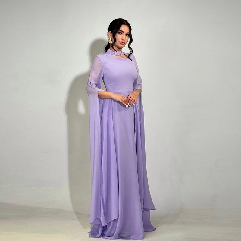 Spring Women's New Elegant Solid Color Waist Cinching Chiffon Big Batball Sleeve Dress Party Dinner Waist Cinching Dress